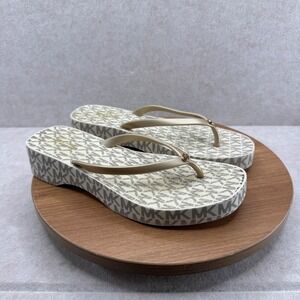 Michael Kors Platform Flip Flops 7M Gold MK Monogram Wedge Sandals Logo Chic